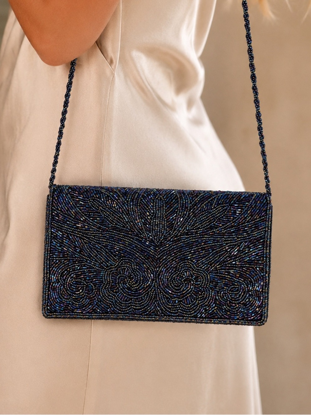 Multicolor Navy Beaded Evening Crossbody Clutch Bag